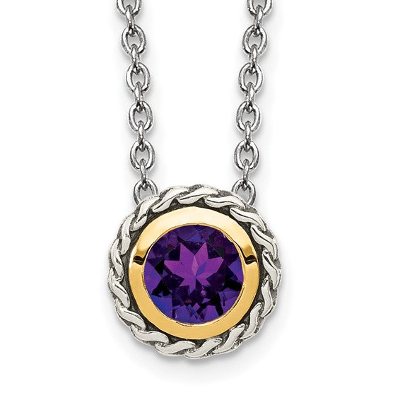 Sterling Silver with 14K Accent 18 Inch Antiqued Round Bezel Amethyst Necklace