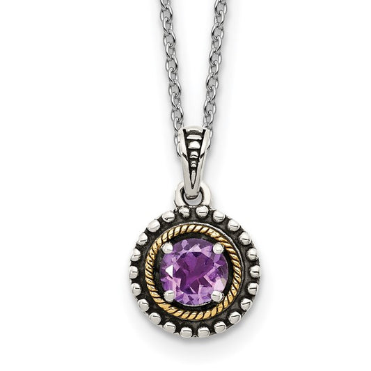 Sterling Silver with 14K Accent Antiqued Round Amethyst Necklace