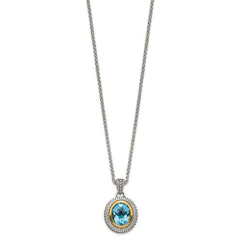 Sterling Silver with 14K Accent 18 Inch Antiqued Oval Bezel Swiss Blue Topaz Necklace