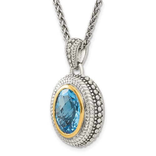 Sterling Silver with 14K Accent 18 Inch Antiqued Oval Bezel Swiss Blue Topaz Necklace