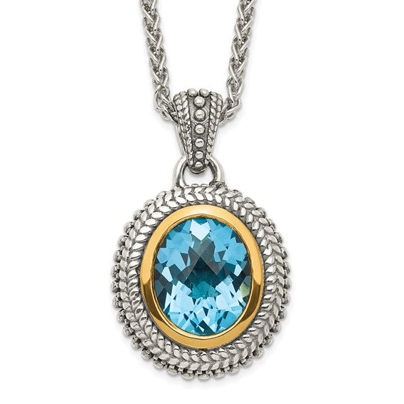 Sterling Silver with 14K Accent 18 Inch Antiqued Oval Bezel Swiss Blue Topaz Necklace