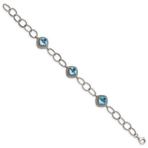 Sterling Silver with 14K Accent 7.5 Inch Antiqued Cushion Swiss Blue Topaz Bracelet