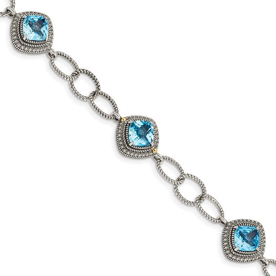 Sterling Silver with 14K Accent 7.5 Inch Antiqued Cushion Swiss Blue Topaz Bracelet
