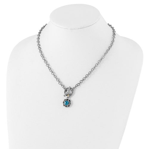 Sterling Silver with 14K Accent Antiqued Swiss Blue Topaz & Diamond Toggle Necklace
