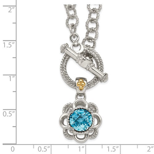 Sterling Silver with 14K Accent Antiqued Swiss Blue Topaz & Diamond Toggle Necklace