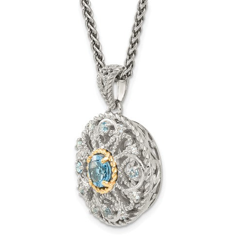 Sterling Silver with 14K Accent Antiqued Swiss Blue Topaz Medallion Necklace