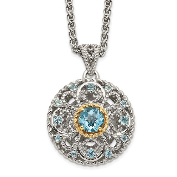 Sterling Silver with 14K Accent Antiqued Swiss Blue Topaz Medallion Necklace