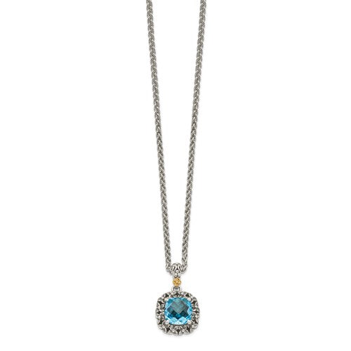 Sterling Silver with 14K Accent Antiqued Cushion Swiss Blue Topaz Necklace