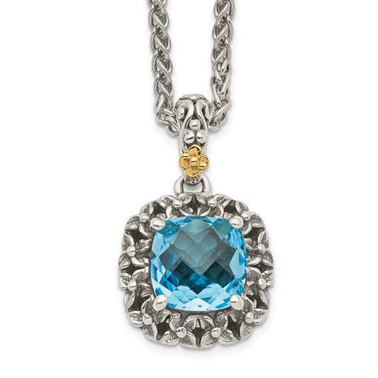 Sterling Silver with 14K Accent Antiqued Cushion Swiss Blue Topaz Necklace