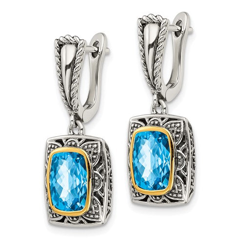 Sterling Silver with 14K Accent Antiqued Cushion Blue Topaz Hinged Hoop Dangles Earrings