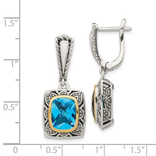 Sterling Silver with 14K Accent Antiqued Cushion Blue Topaz Hinged Hoop Dangles Earrings