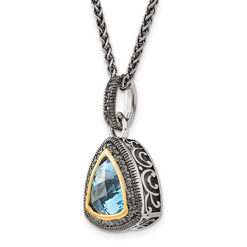 Sterling Silver with 14K Accent Antiqued Trillion Swiss Blue Topaz Necklace