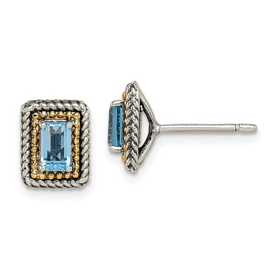 Sterling Silver with 14K Accent Antiqued Emerald Cut Blue Topaz Stud Earrings