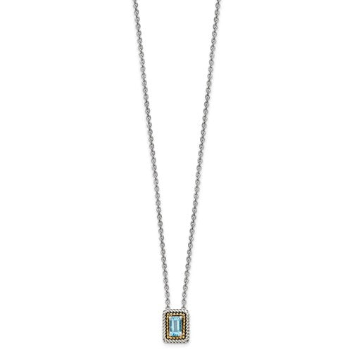 Sterling Silver with 14K Accent Antiqued Emerald Cut Blue Topaz Necklace