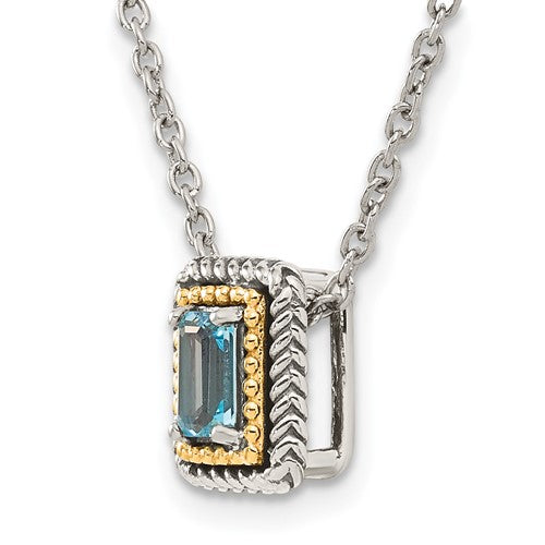 Sterling Silver with 14K Accent Antiqued Emerald Cut Blue Topaz Necklace