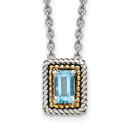 Sterling Silver with 14K Accent Antiqued Emerald Cut Blue Topaz Necklace