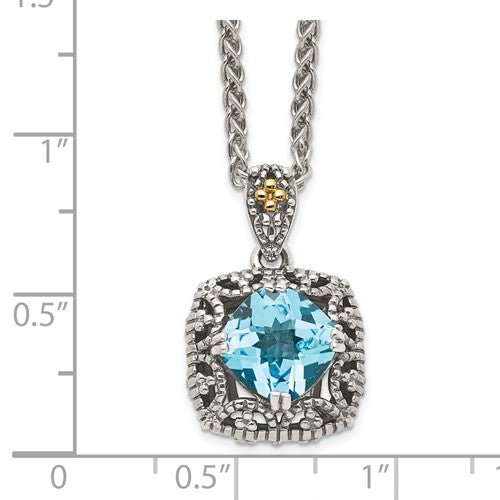 Sterling Silver with 14K Accent Antiqued Cushion Swiss Blue Topaz Necklace