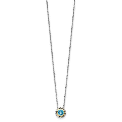 Sterling Silver with 14K Accent 18 Inch Antiqued Round Bezel Swiss Blue Topaz Necklace