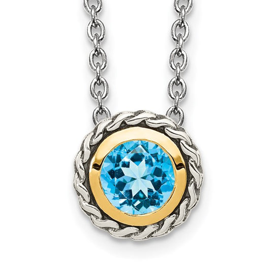 Sterling Silver with 14K Accent 18 Inch Antiqued Round Bezel Swiss Blue Topaz Necklace