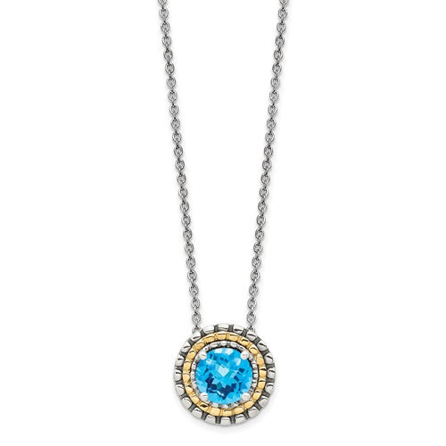 Sterling Silver with 14K Accent Antiqued Round Swiss Blue Topaz Necklace