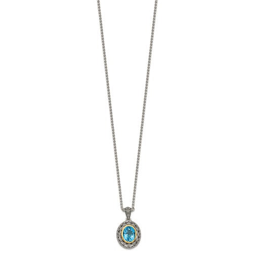 Sterling Silver with 14K Accent 18 Inch Antiqued Oval Bezel Swiss Blue Topaz Necklace