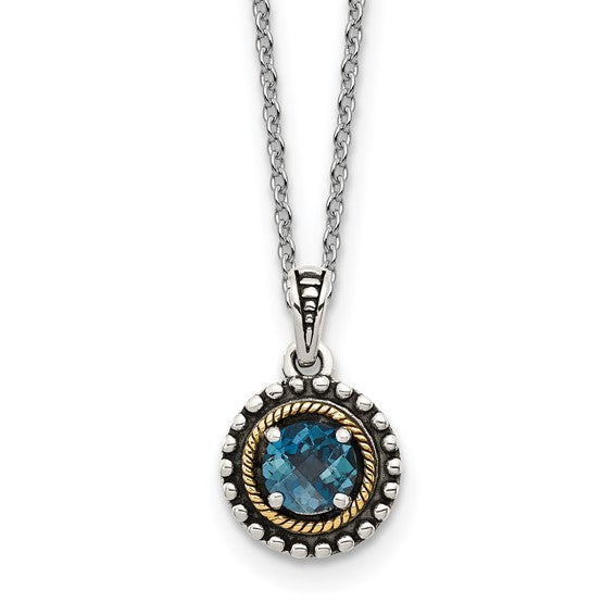 Sterling Silver with 14K Accent Antiqued Round London Blue Topaz Necklace