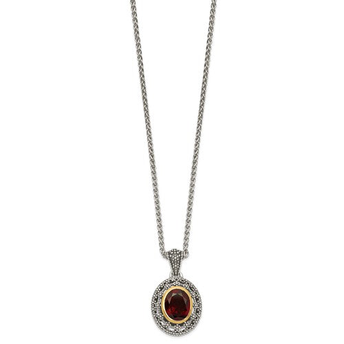 Sterling Silver with 14K Accent Antiqued Bezel Oval Garnet Necklace