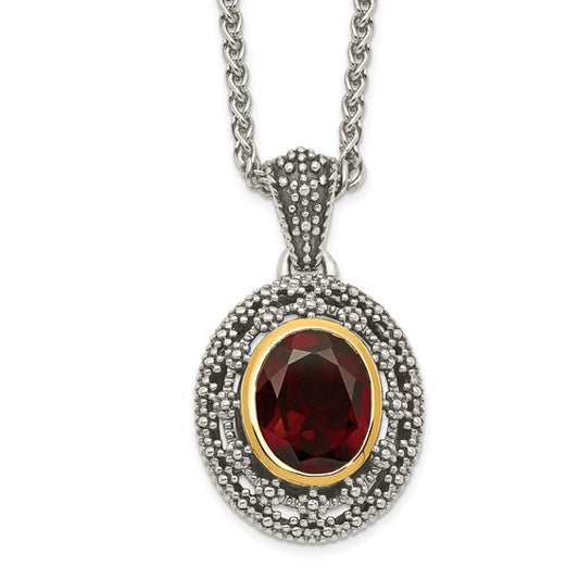 Sterling Silver with 14K Accent Antiqued Bezel Oval Garnet Necklace