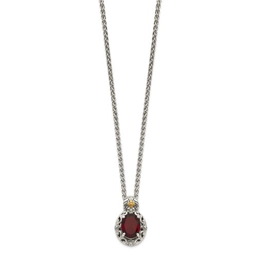 Sterling Silver with 14K Accent Antiqued Oval Garnet Necklace