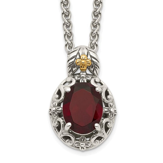 Sterling Silver with 14K Accent Antiqued Oval Garnet Necklace