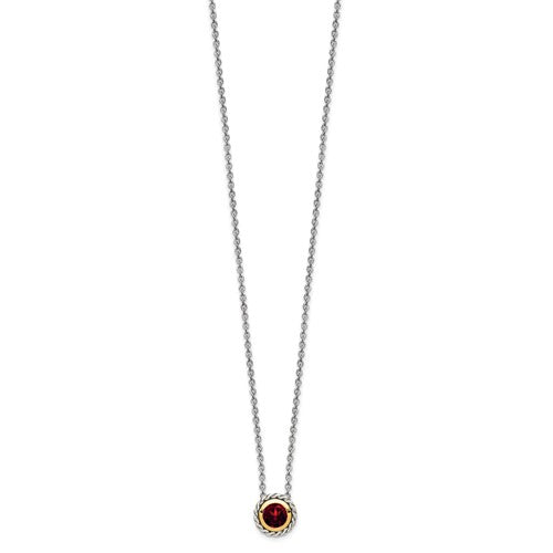 Sterling Silver with 14K Accent 18 Inch Antiqued Round Bezel Garnet Necklace