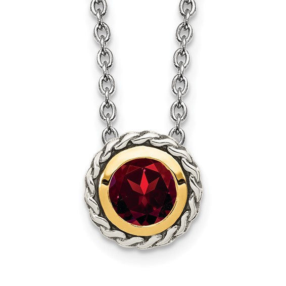 Sterling Silver with 14K Accent 18 Inch Antiqued Round Bezel Garnet Necklace