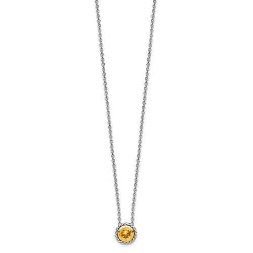 Sterling Silver with 14K Accent Antiqued Bezel Round Citrine Necklace