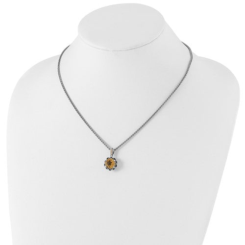 Sterling Silver with 14K Accent Antiqued Round Citrine Necklace