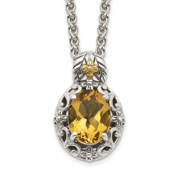 Sterling Silver with 14K Accent Antiqued Oval Citrine Necklace
