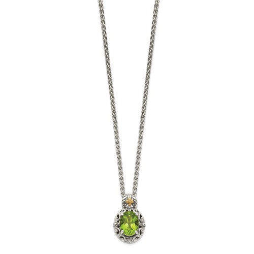 Sterling Silver with 14K Accent Antiqued Oval Peridot Necklace