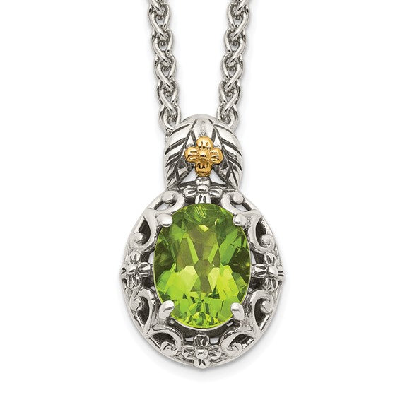 Sterling Silver with 14K Accent Antiqued Oval Peridot Necklace