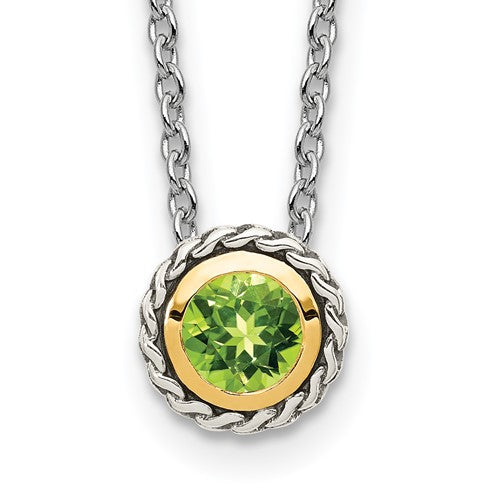 Sterling Silver with 14K Accent 18 Inch Antiqued Round Bezel Peridot Necklace