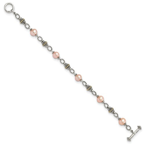 Sterling Silver with 14K Accent 7.5 Inch Antiqued 9-10mm Freshwater Cultured Pink Pearl Bracelet