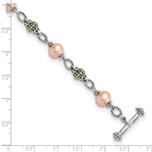 Sterling Silver with 14K Accent 7.5 Inch Antiqued 9-10mm Freshwater Cultured Pink Pearl Bracelet