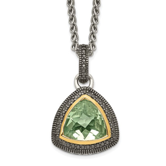 Sterling Silver with 14K Accent Antiqued Round Green Amethyst Necklace