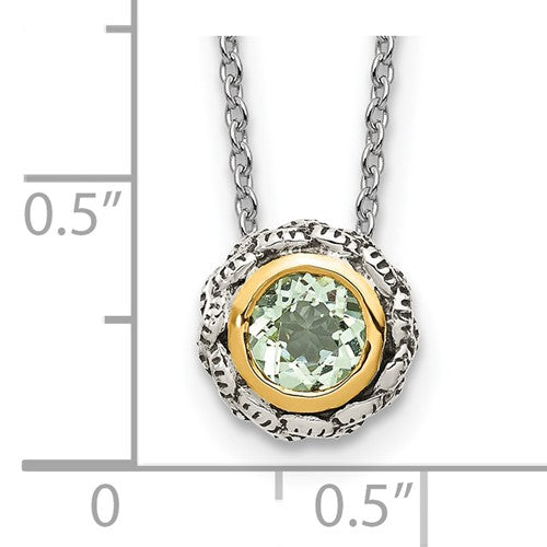 Sterling Silver with 14K Accent Antiqued Bezel Round Green Amethyst Necklace
