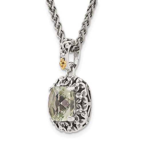 Sterling Silver with 14K Accent Antiqued Cushion Green Amethyst Necklace