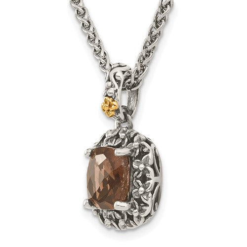 Sterling Silver with 14K Accent Antiqued Cushion Smoky Quartz Necklace