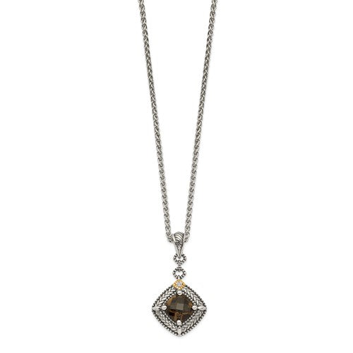 Sterling Silver with 14K Accent Antiqued Oval Smoky Quartz & Diamond Necklace