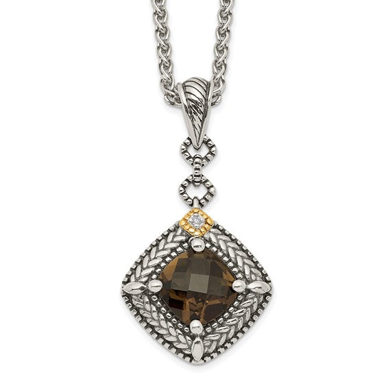 Sterling Silver with 14K Accent Antiqued Oval Smoky Quartz & Diamond Necklace