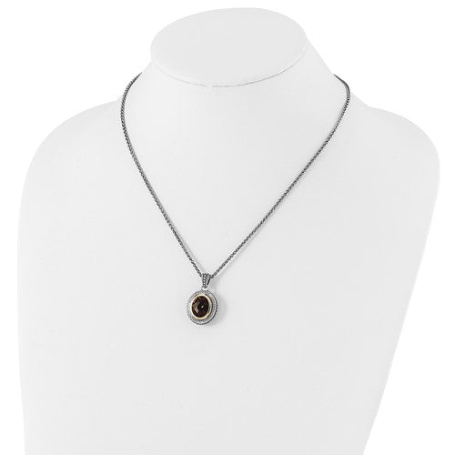 Sterling Silver with 14K Accent Antiqued Oval Smoky Quartz Necklace