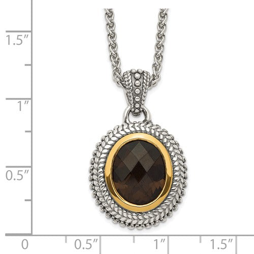 Sterling Silver with 14K Accent Antiqued Oval Smoky Quartz Necklace