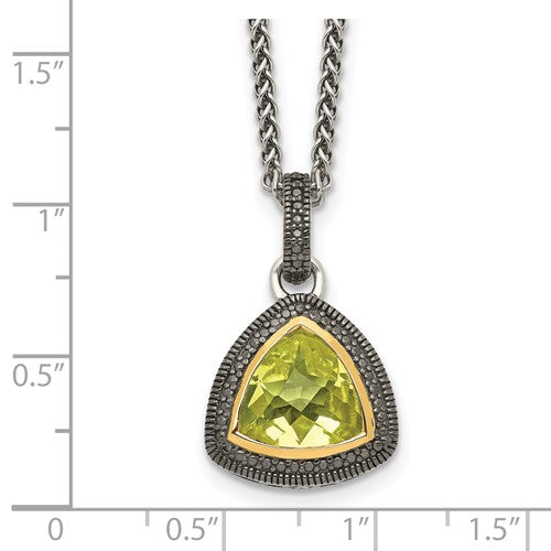Sterling Silver with 14K Accent Antiqued Trillion Lemon Quartz Necklace