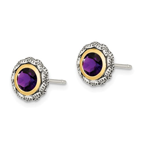 Sterling Silver with 14K Accent Antiqued Amethyst Stud Earrings